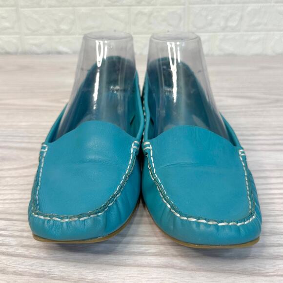 Westies Vtg Loafer Womens 8 Teal Leather Flat Slip On Round Toe White Stitching - Picture 11 of 11